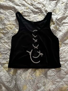 Black Velvet Tank Top with Crystal Crescent Detail - 1990s Inspired